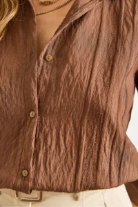 Olalook Women's Brown Geometric Stripe Detailed Loose Shirt - Image 7