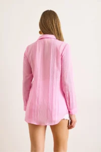 Olalook Women's Candy Pink Geometric Stripe Detailed Flowy Shirt - Image 2