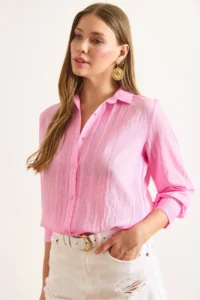 Olalook Women's Candy Pink Geometric Stripe Detailed Flowy Shirt - Image 3