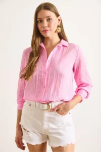 Olalook Women's Candy Pink Geometric Stripe Detailed Flowy Shirt - Image 4