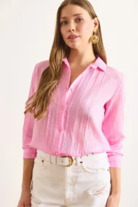 Olalook Women's Candy Pink Geometric Stripe Detailed Flowy Shirt - Image 5