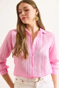 Olalook Women's Candy Pink Geometric Stripe Detailed Flowy Shirt - Image 6