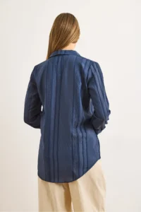 Olalook Women's Navy Blue Geometric Stripe Detailed Loose Shirt - Image 2