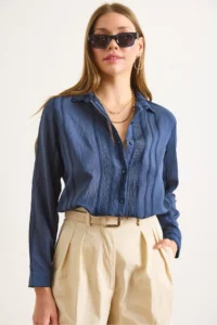 Olalook Women's Navy Blue Geometric Stripe Detailed Loose Shirt - Image 3