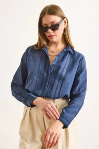 Olalook Women's Navy Blue Geometric Stripe Detailed Loose Shirt - Image 4