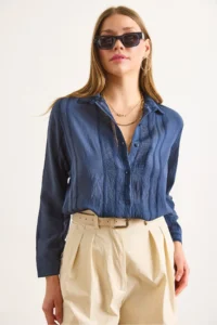 Olalook Women's Navy Blue Geometric Stripe Detailed Loose Shirt - Image 5