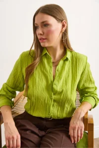 Olalook Women's Pistachio Green Geometric Stripe Detailed Flowy Shirt - Image 3