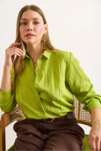 Olalook Women's Pistachio Green Geometric Stripe Detailed Flowy Shirt - Image 5