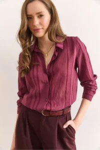 Olalook Women's Burgundy Geometric Stripe Detailed Loose Shirt GML-
