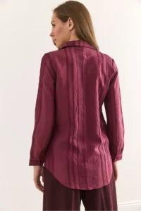 Olalook Women's Burgundy Geometric Stripe Detailed Loose Shirt GML- - Image 2