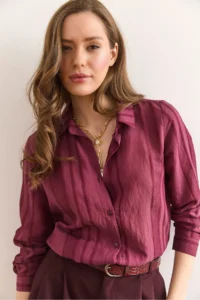 Olalook Women's Burgundy Geometric Stripe Detailed Loose Shirt GML- - Image 3