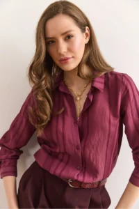 Olalook Women's Burgundy Geometric Stripe Detailed Loose Shirt GML- - Image 4