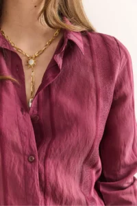Olalook Women's Burgundy Geometric Stripe Detailed Loose Shirt GML- - Image 5