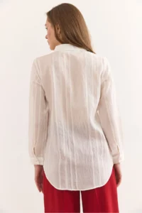 Olalook Women's Ecru Geometric Stripe Detailed Loose Shirt GML- - Image 2