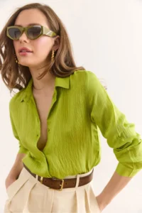 Olalook Women's Pistachio Green Thin Striped Loose Shirt GML-