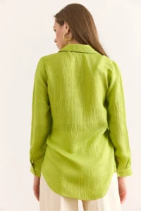 Olalook Women's Pistachio Green Thin Striped Loose Shirt GML- - Image 2