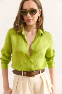 Olalook Women's Pistachio Green Thin Striped Loose Shirt GML- - Image 3