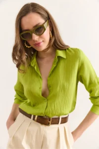 Olalook Women's Pistachio Green Thin Striped Loose Shirt GML- - Image 4