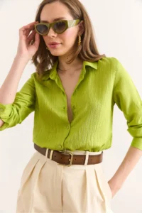 Olalook Women's Pistachio Green Thin Striped Loose Shirt GML- - Image 5