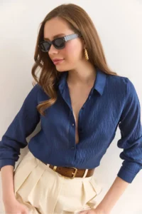 Olalook Women's Navy Blue Thin Stripe Loose Shirt GML-