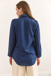 Olalook Women's Navy Blue Thin Stripe Loose Shirt GML- - Image 2
