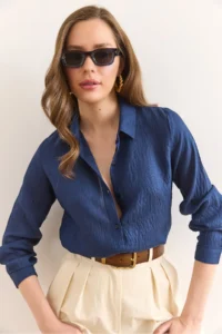 Olalook Women's Navy Blue Thin Stripe Loose Shirt GML- - Image 3