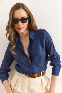 Olalook Women's Navy Blue Thin Stripe Loose Shirt GML- - Image 4