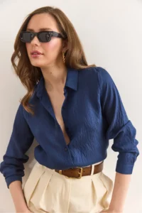 Olalook Women's Navy Blue Thin Stripe Loose Shirt GML- - Image 5