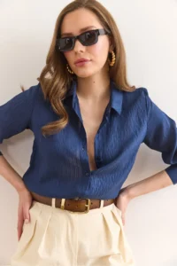 Olalook Women's Navy Blue Thin Stripe Loose Shirt GML- - Image 6