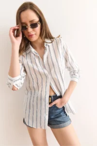 Olalook Women's White Striped Flowy Modal Shirt GML- - Image 3