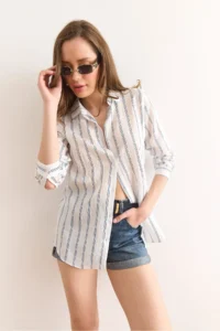 Olalook Women's White Striped Flowy Modal Shirt GML- - Image 4