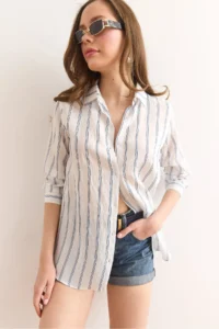 Olalook Women's White Striped Flowy Modal Shirt GML- - Image 5