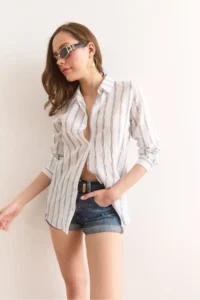 Olalook Women's White Striped Flowy Modal Shirt GML- - Image 6