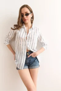Olalook Women's White Striped Flowy Modal Shirt GML- - Image 7