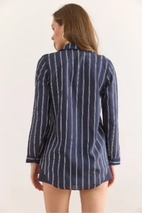 Olalook Women's Navy Blue Striped Flowy Modal Shirt GML- - Image 2