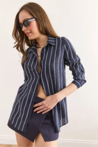 Olalook Women's Navy Blue Striped Flowy Modal Shirt GML- - Image 3