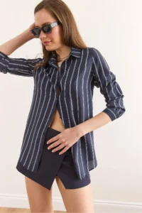 Olalook Women's Navy Blue Striped Flowy Modal Shirt GML- - Image 4
