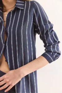 Olalook Women's Navy Blue Striped Flowy Modal Shirt GML- - Image 5