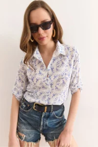 Olalook Women's Tiny Floral Navy Blue Folded Sleeves Without Cuffs Linen Content Shirt GML-