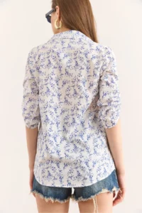 Olalook Women's Tiny Floral Navy Blue Folded Sleeves Without Cuffs Linen Content Shirt GML- - Image 2