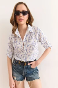 Olalook Women's Tiny Floral Navy Blue Folded Sleeves Without Cuffs Linen Content Shirt GML- - Image 3