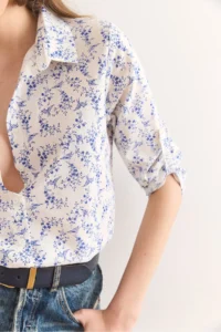 Olalook Women's Tiny Floral Navy Blue Folded Sleeves Without Cuffs Linen Content Shirt GML- - Image 4