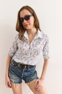 Olalook Women's Tiny Floral Navy Blue Folded Sleeves Without Cuffs Linen Content Shirt GML- - Image 5