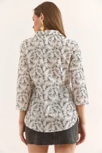 Olalook Women's Tiny Flower Black Sleeve Folded Cuffless Linen Content Shirt GML- - Image 2