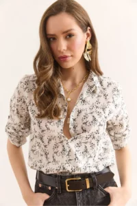 Olalook Women's Tiny Flower Black Sleeve Folded Cuffless Linen Content Shirt GML- - Image 3