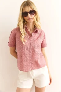 Olalook Women's Dusty Rose Double Sleeve Scallop Shirt