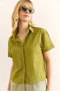 Olalook Women's Oil Green Double Sleeve Scallop Shirt