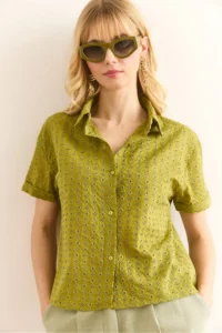 Olalook Women's Oil Green Double Sleeve Scallop Shirt - Image 2