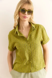 Olalook Women's Oil Green Double Sleeve Scallop Shirt - Image 3