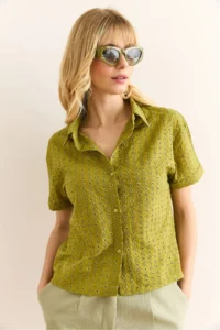 Olalook Women's Oil Green Double Sleeve Scallop Shirt - Image 4